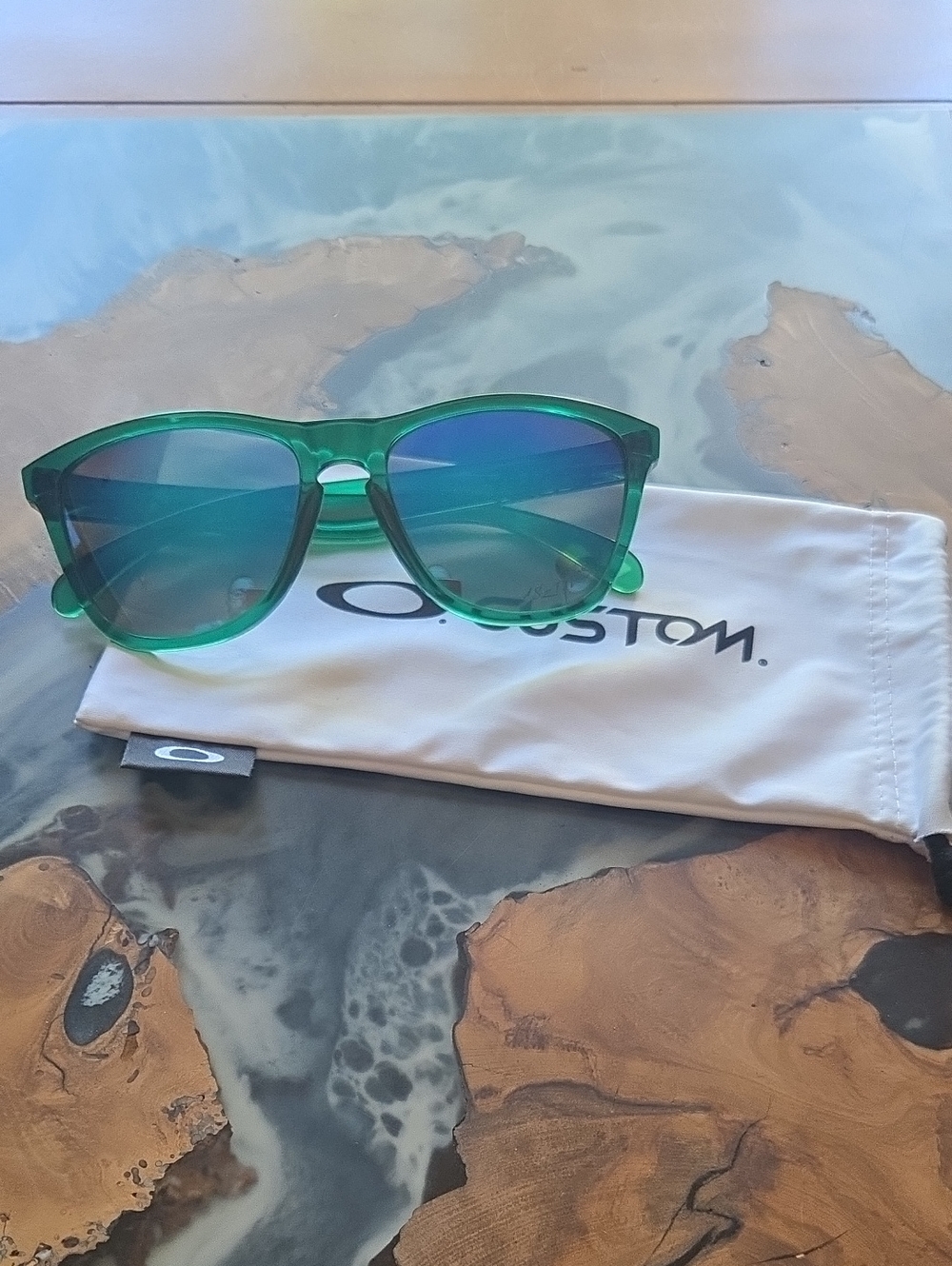 Oakley Green Frame Frogskin Sunglasses with Blue-Green Lenses